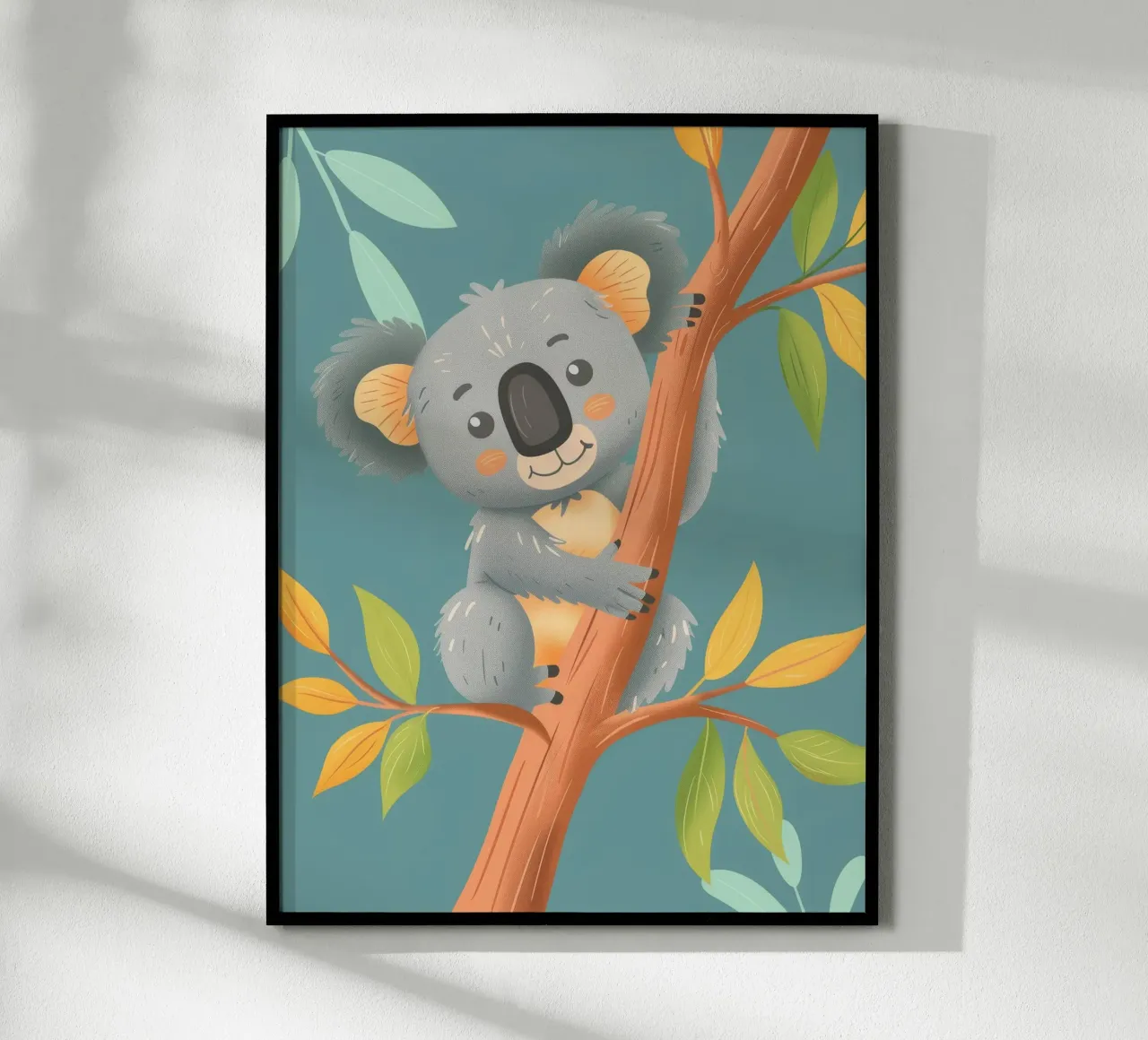 Cute koala resting on a branch surrounded by leafy greenery hahnemühle by DesignDoodle