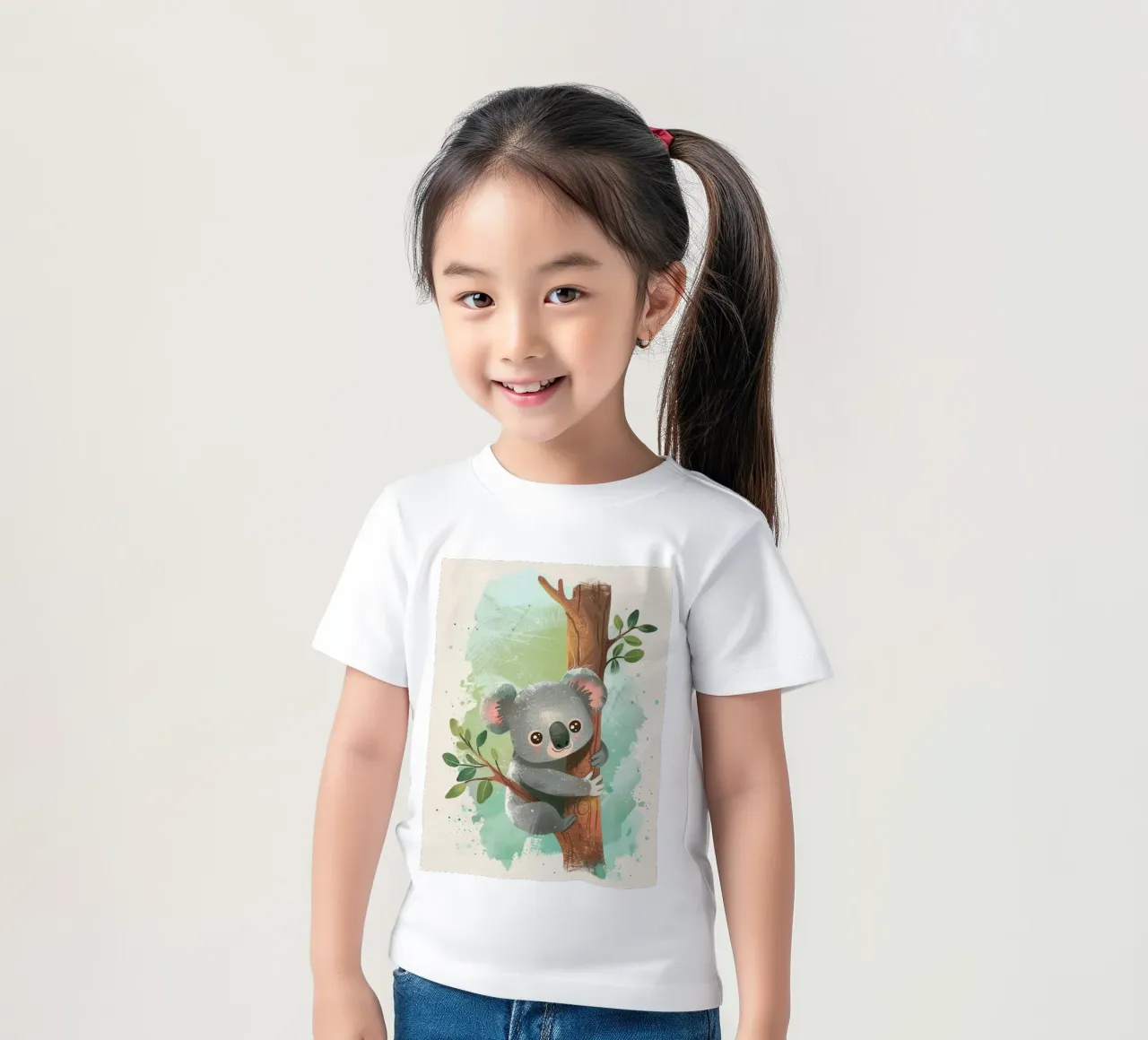 Cute koala climbing a tree in a whimsical artwork kids t-shirt by DesignDoodle