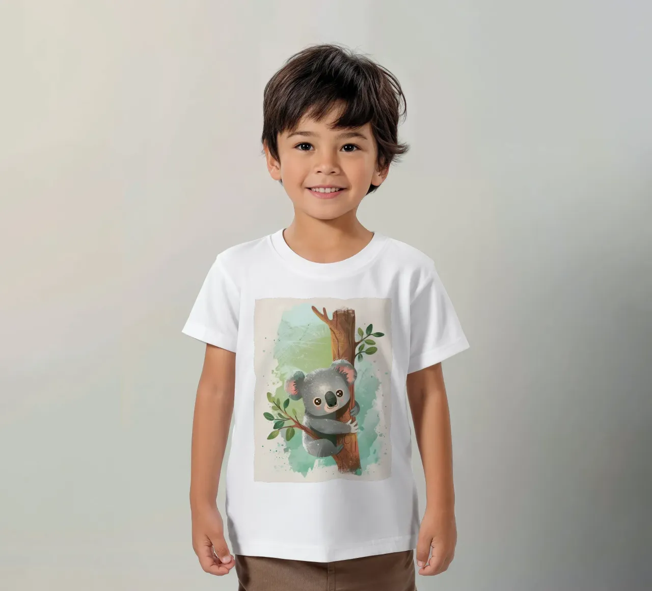 Cute koala climbing a tree in a whimsical artwork kids t-shirt by DesignDoodle