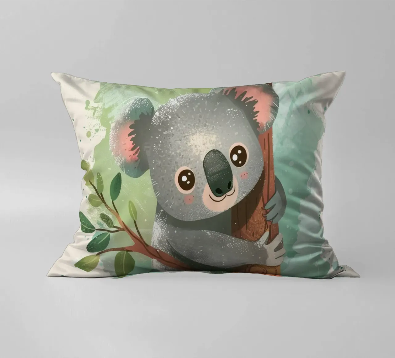 Simpatico koala che si arrampica su un albero in un'opera d'arte stravagante cuscino da DesignDoodle