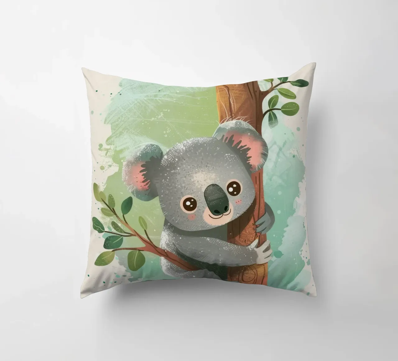 Simpatico koala che si arrampica su un albero in un'opera d'arte stravagante cuscino da DesignDoodle
