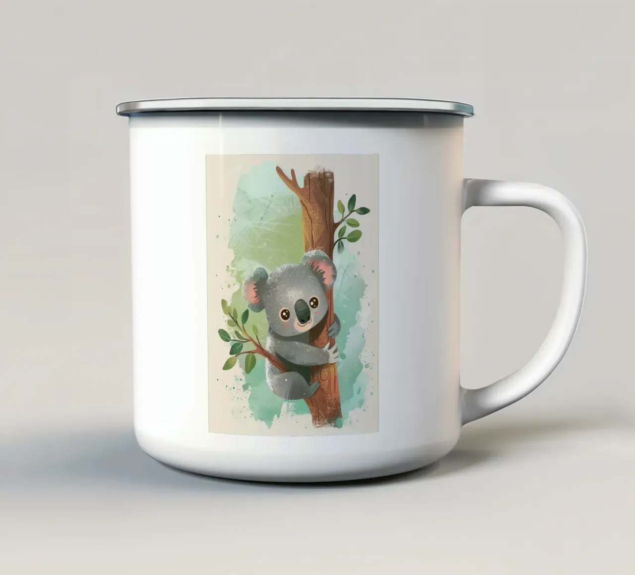 Simpatico koala che si arrampica su un albero in un'opera d'arte stravagante tazza in smalto da DesignDoodle