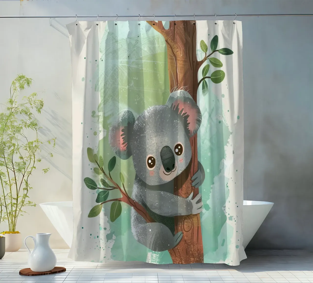 Mignon koala grimpant à un arbre dans une œuvre d'art fantaisiste rideau de douche de DesignDoodle
