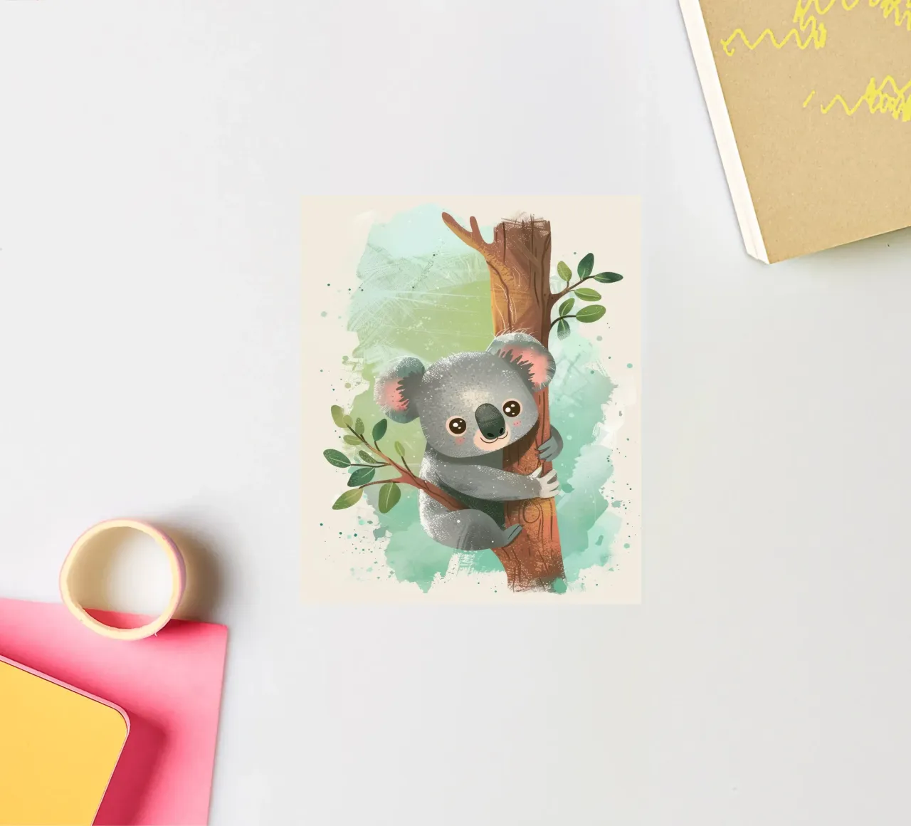 Mignon koala grimpant à un arbre dans une œuvre d'art fantaisiste autocollant de DesignDoodle