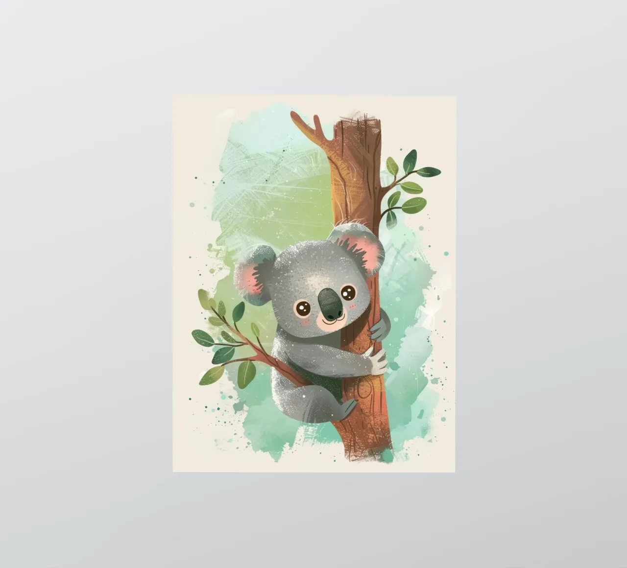 Mignon koala grimpant à un arbre dans une œuvre d'art fantaisiste autocollant de DesignDoodle