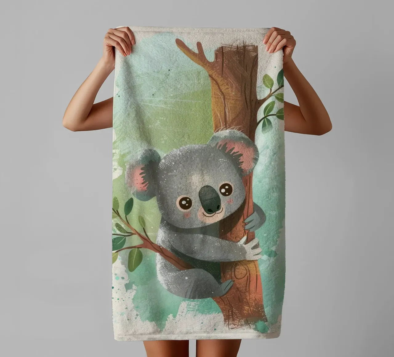 Mignon koala grimpant à un arbre dans une œuvre d'art fantaisiste serviette de bain de DesignDoodle