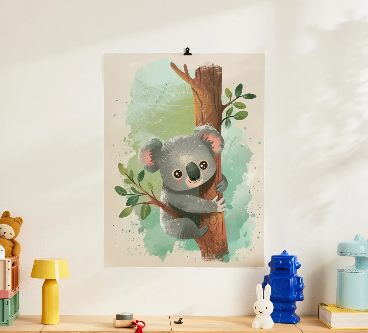 Mignon koala grimpant à un arbre dans une œuvre d'art fantaisiste hahnemühle de DesignDoodle
