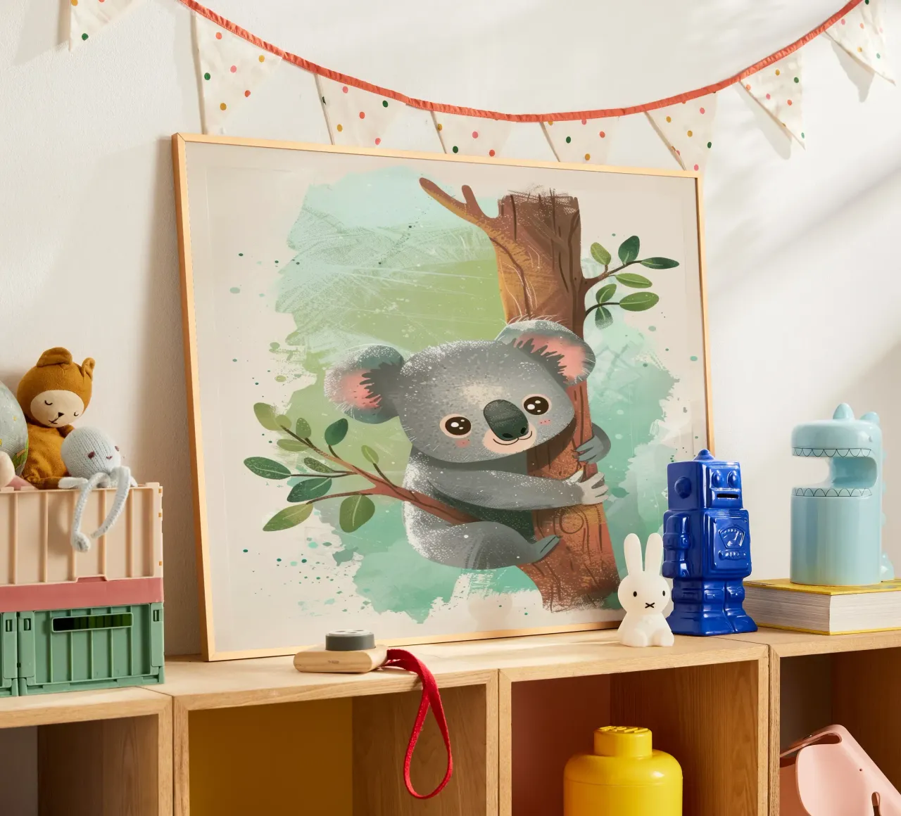 Mignon koala grimpant à un arbre dans une œuvre d'art fantaisiste hahnemühle de DesignDoodle