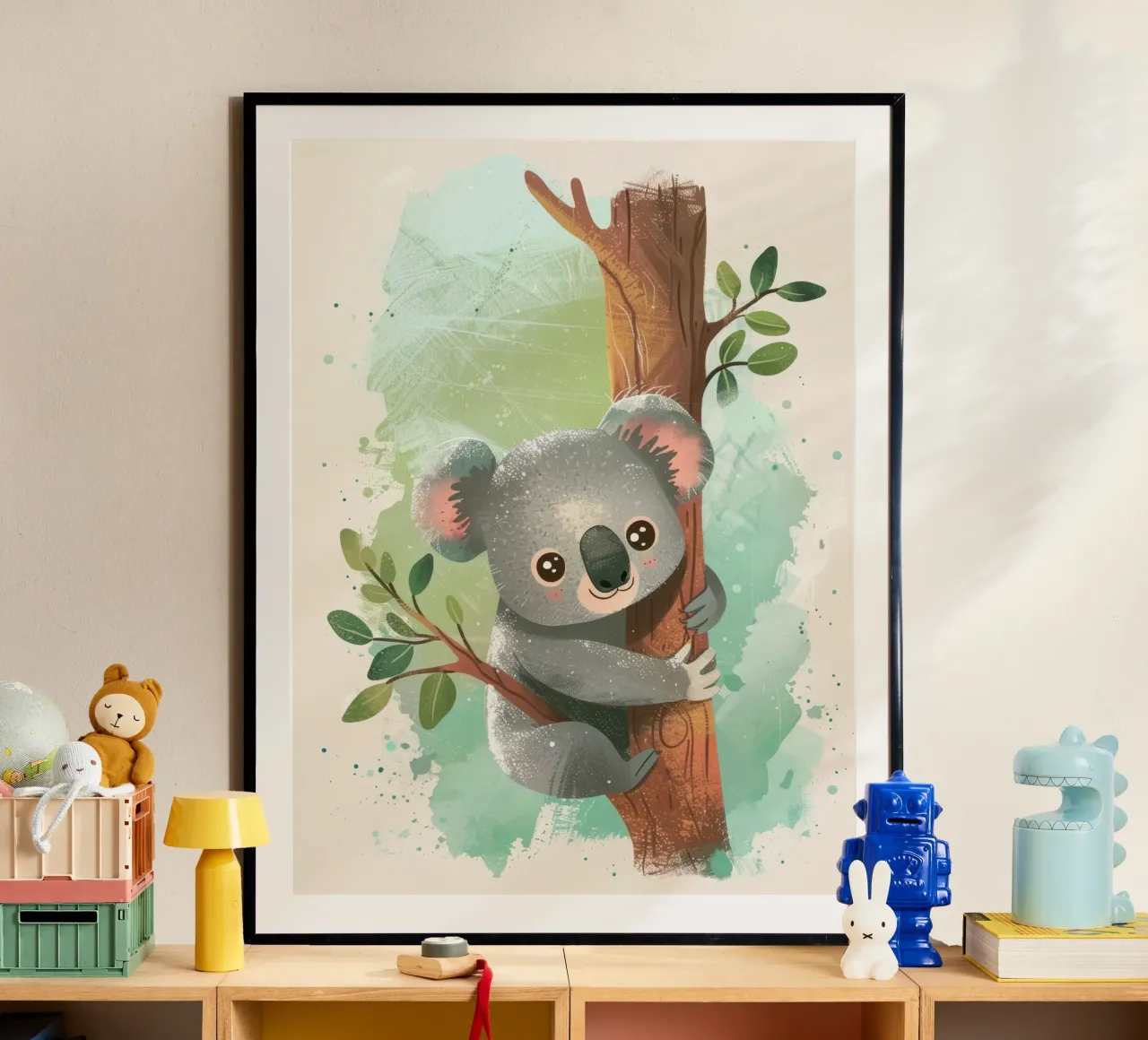 Mignon koala grimpant à un arbre dans une œuvre d'art fantaisiste hahnemühle de DesignDoodle