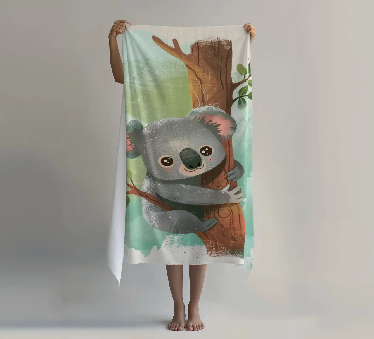 Mignon koala grimpant à un arbre dans une œuvre d'art fantaisiste serviette de plage de DesignDoodle