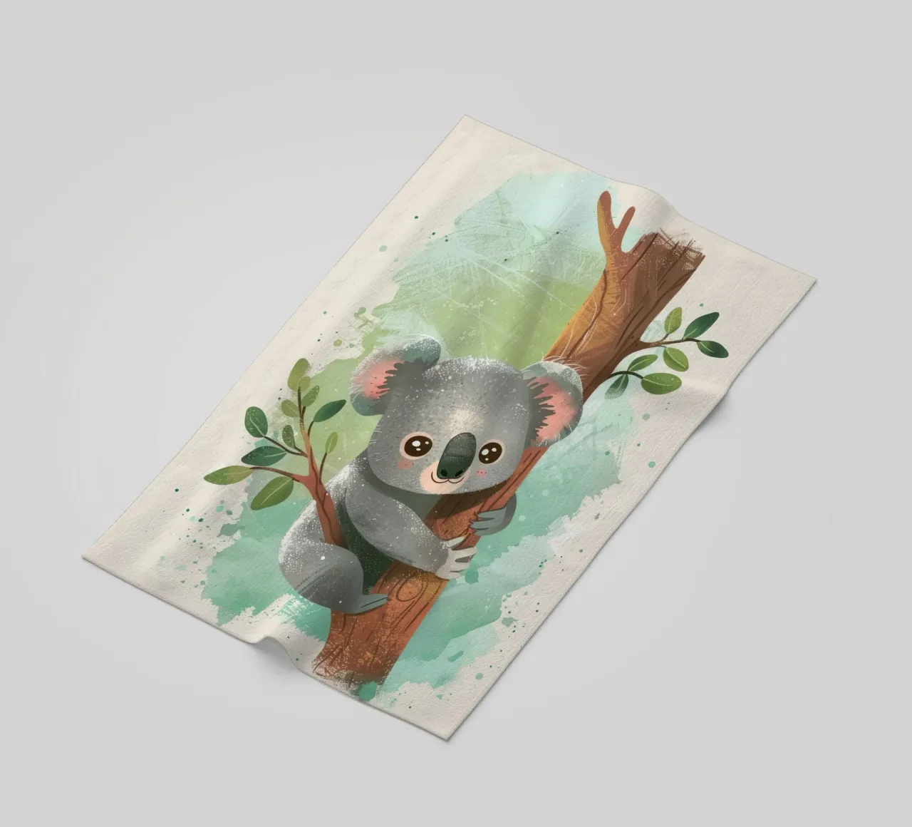 Mignon koala grimpant à un arbre dans une œuvre d'art fantaisiste serviette de plage de DesignDoodle