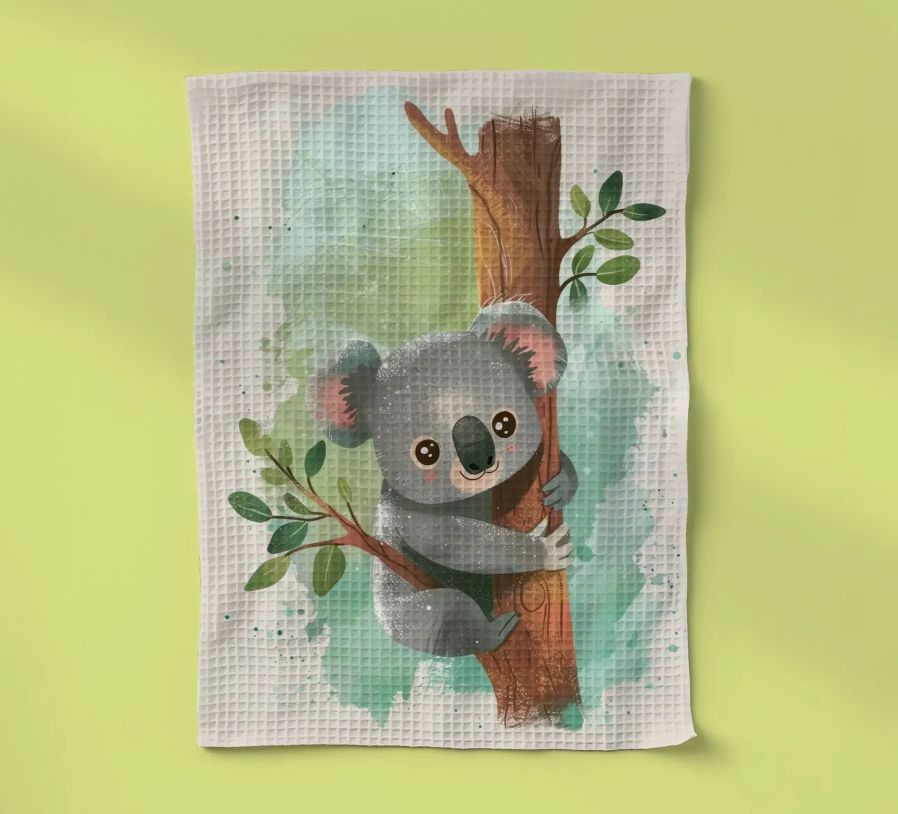 Mignon koala grimpant à un arbre dans une œuvre d'art fantaisiste torchon de DesignDoodle