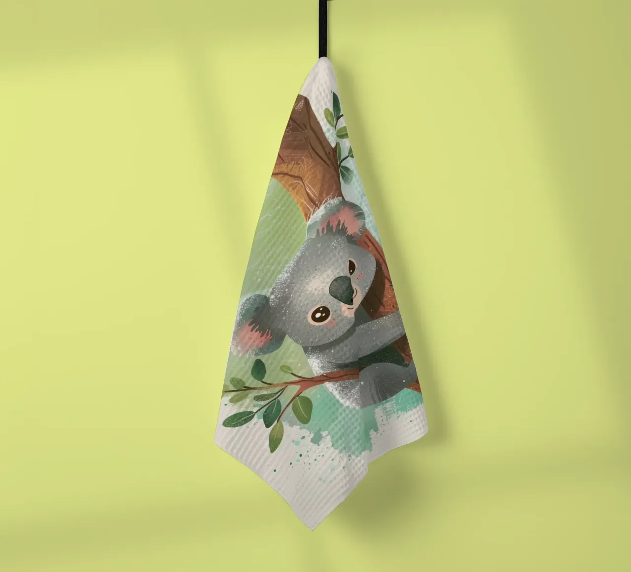 Mignon koala grimpant à un arbre dans une œuvre d'art fantaisiste torchon de DesignDoodle