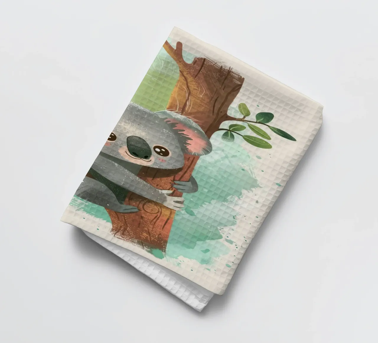 Mignon koala grimpant à un arbre dans une œuvre d'art fantaisiste torchon de DesignDoodle