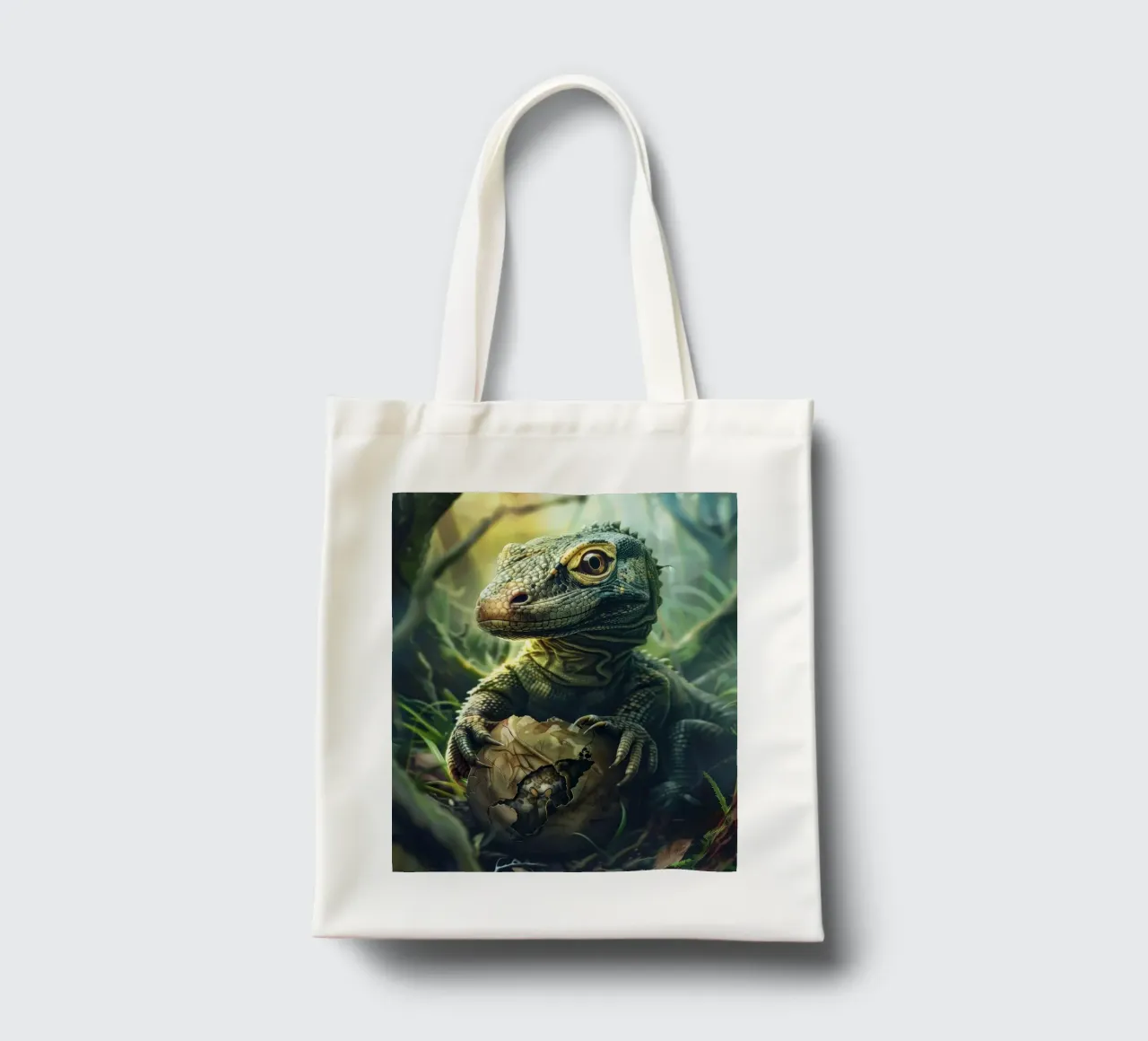 Komodo hatching from egg in a dense forest environment tote bag by DesignDoodle