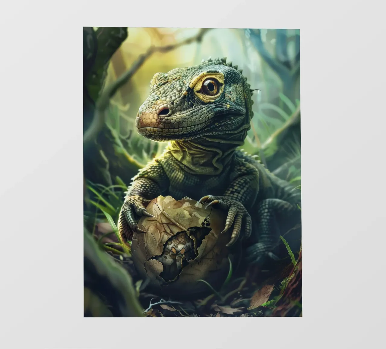 Komodo che si schiude dall'uovo in un ambiente di fitta foresta pellicola backlit da DesignDoodle