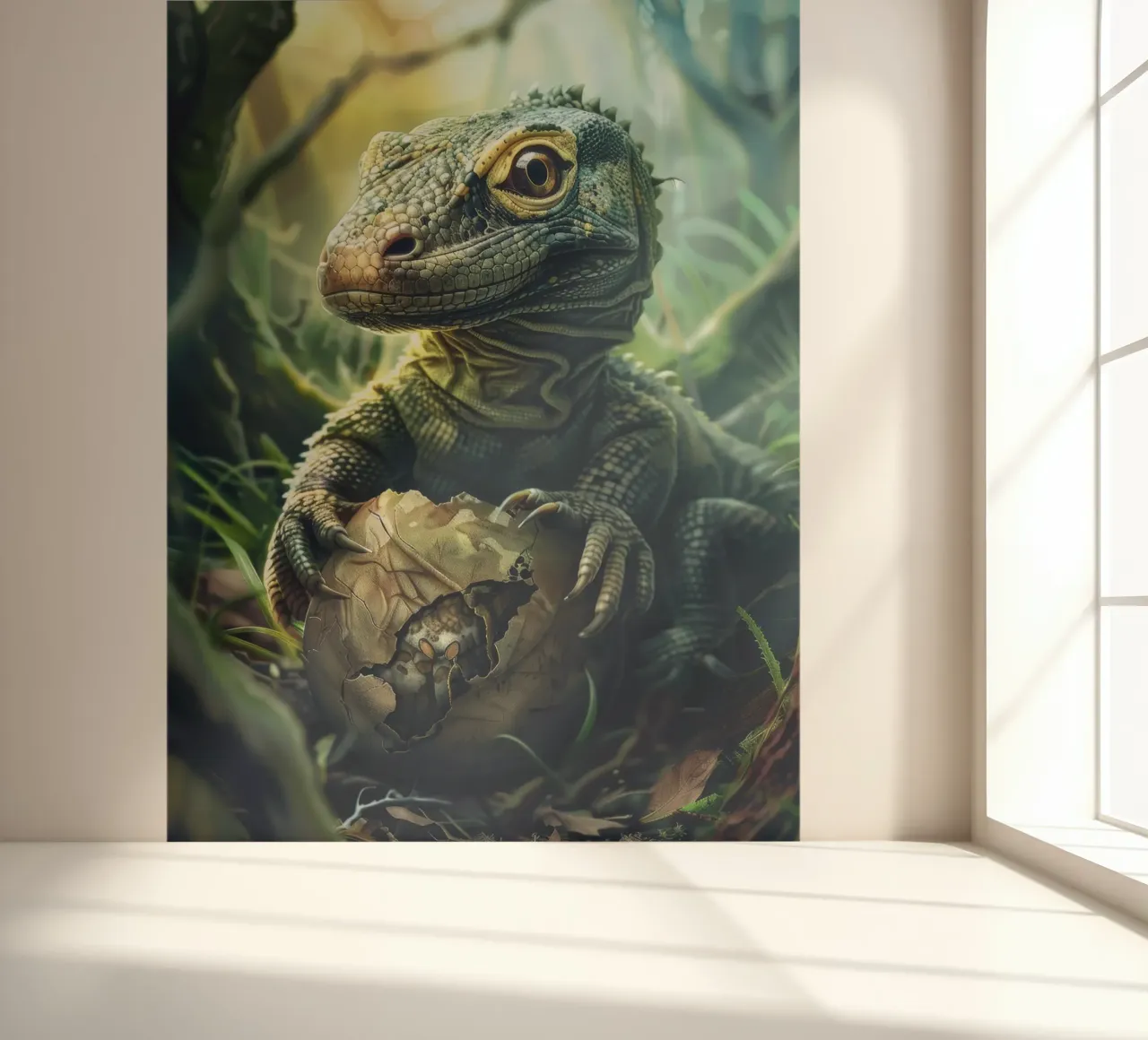 Komodo hatching from egg in a dense forest environment photo wallpaper by DesignDoodle