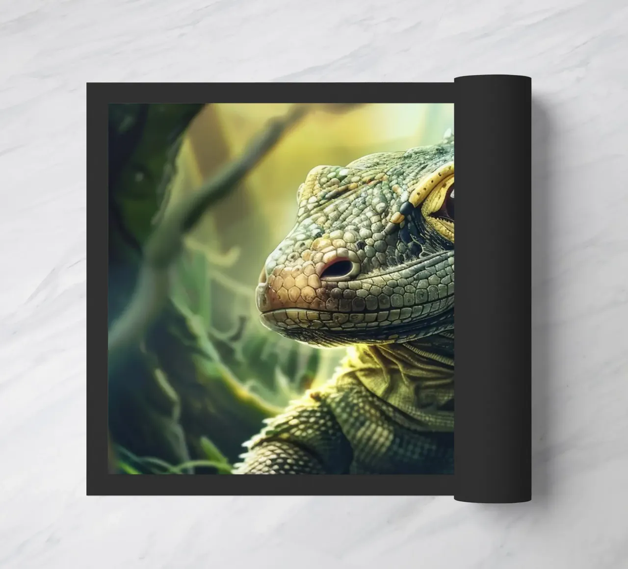 Komodo hatching from egg in a dense forest environment doormat by DesignDoodle