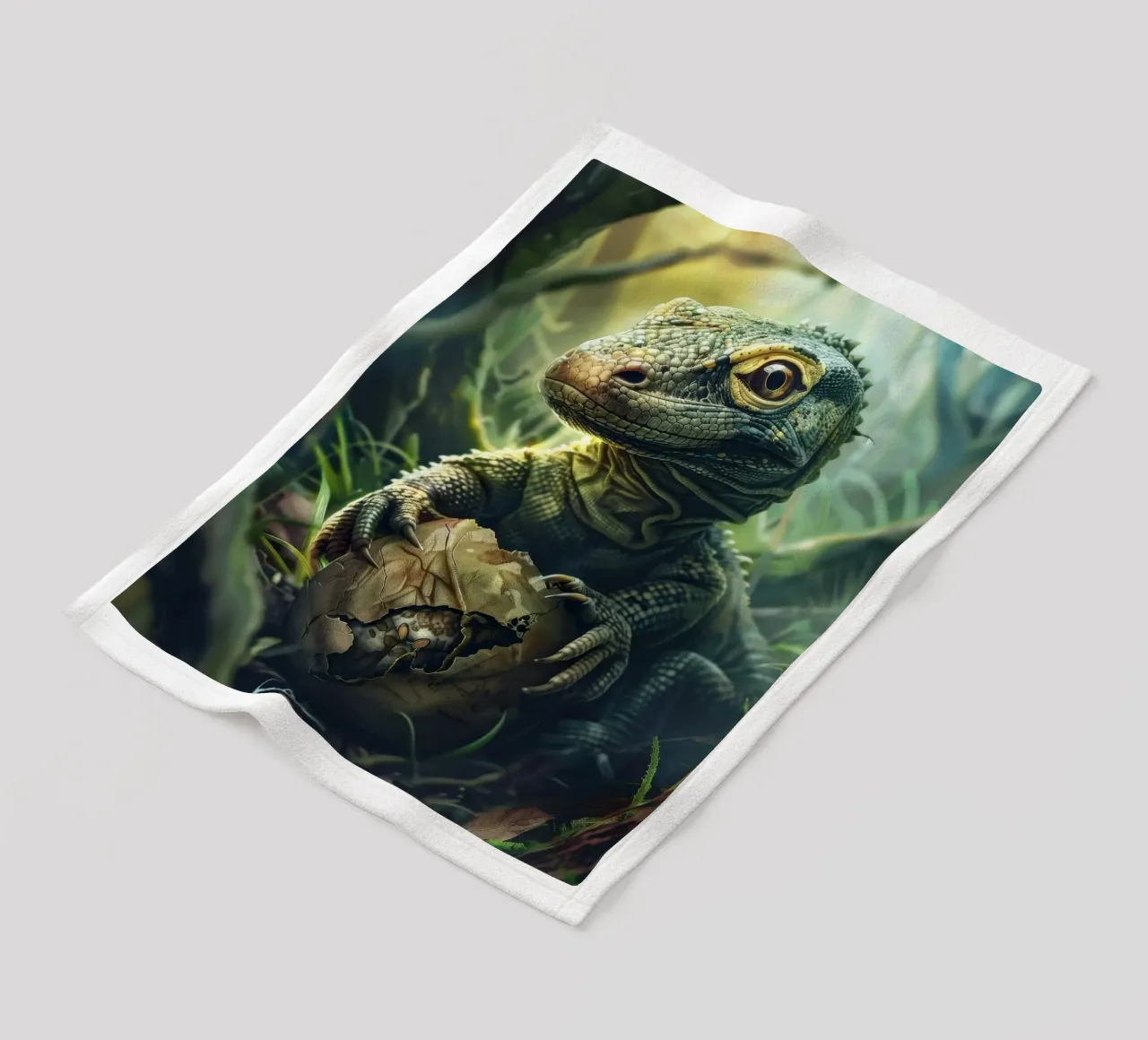 Komodo hatching from egg in a dense forest environment fleece blanket by DesignDoodle