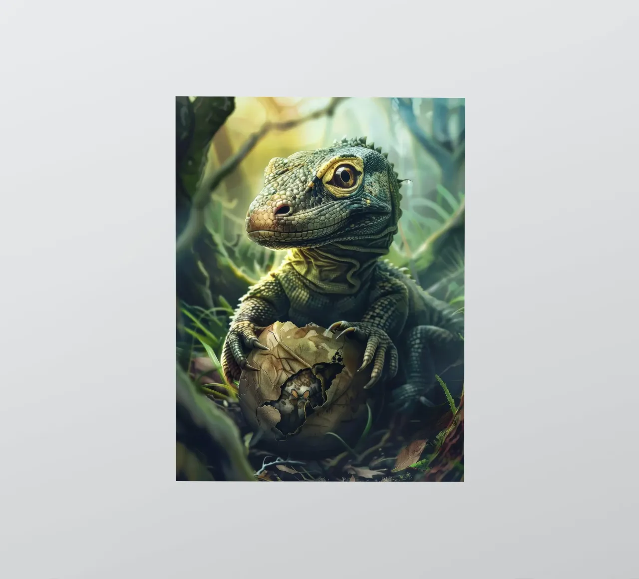 Komodo hatching from egg in a dense forest environment sticker by DesignDoodle
