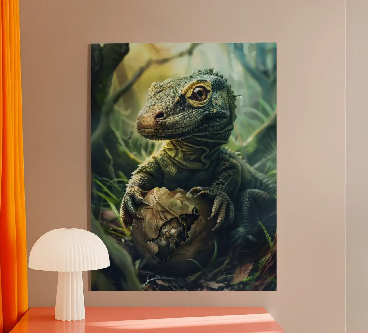 Komodo che si schiude dall'uovo in un ambiente di fitta foresta plexiglass da DesignDoodle