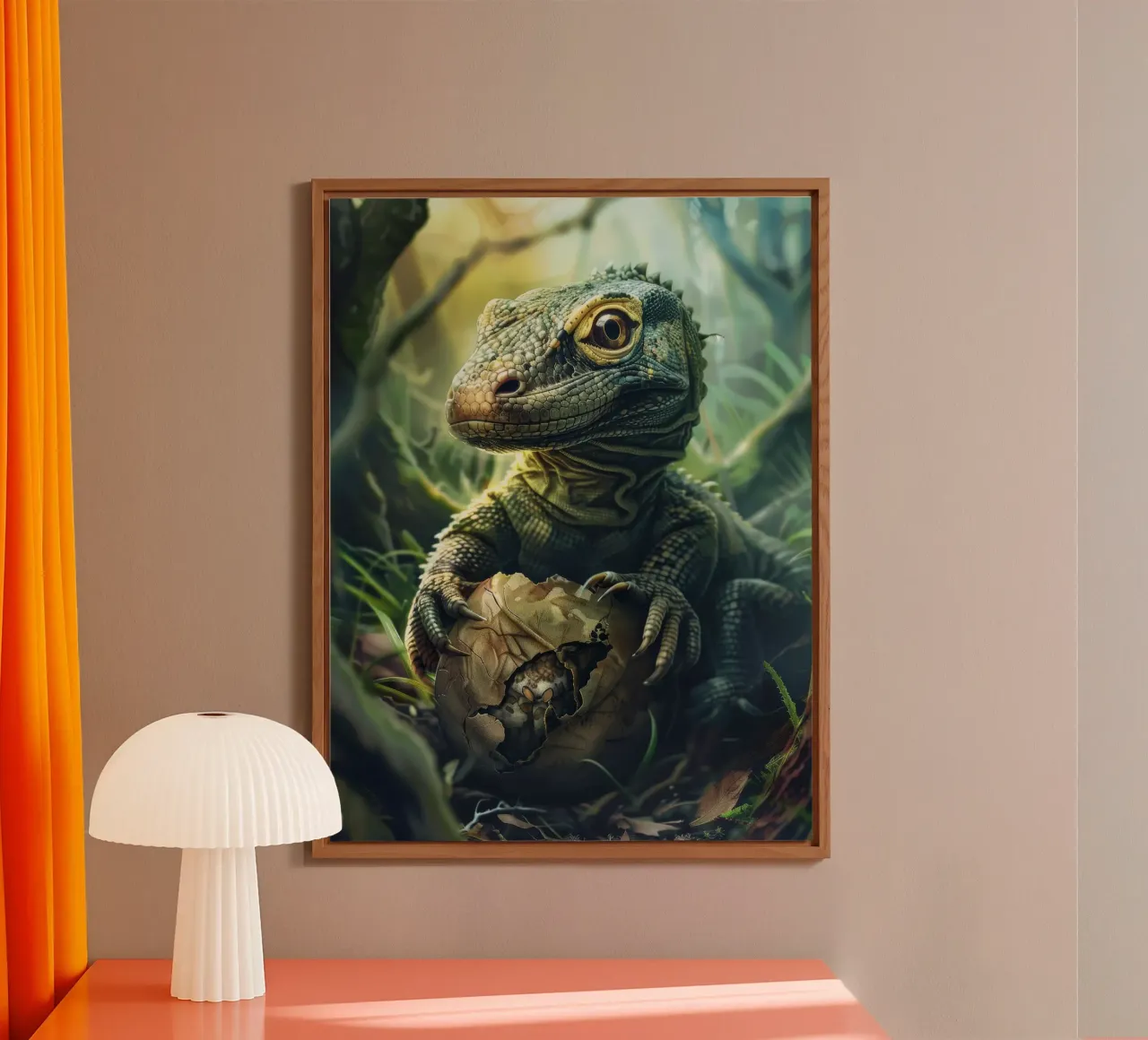 Komodo hatching from egg in a dense forest environment alu-dibond by DesignDoodle