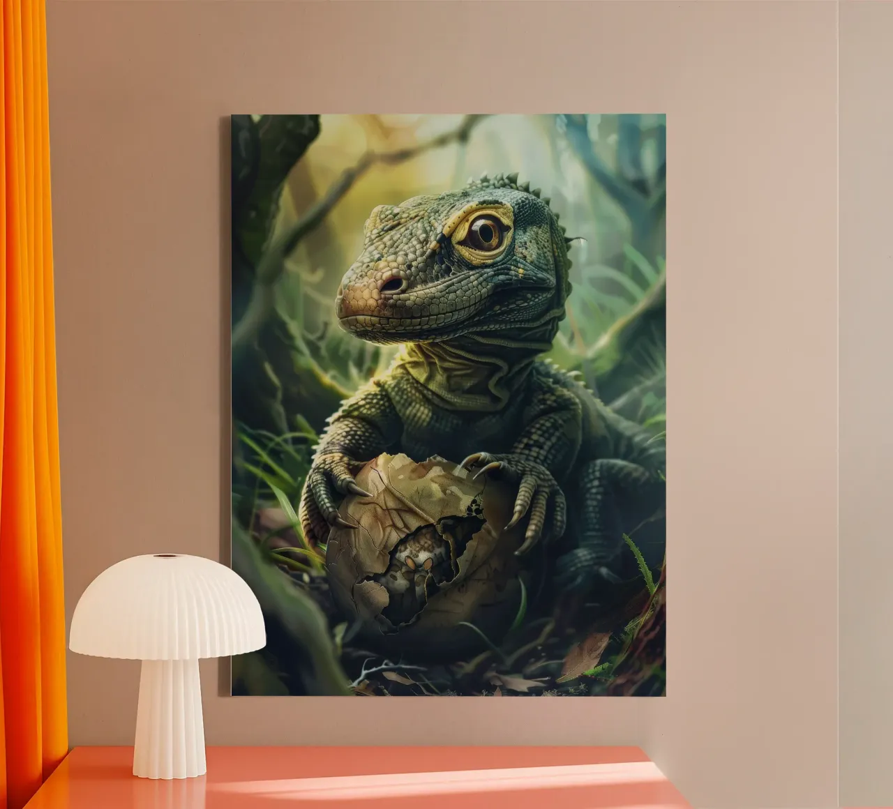 Komodo hatching from egg in a dense forest environment canvas by DesignDoodle