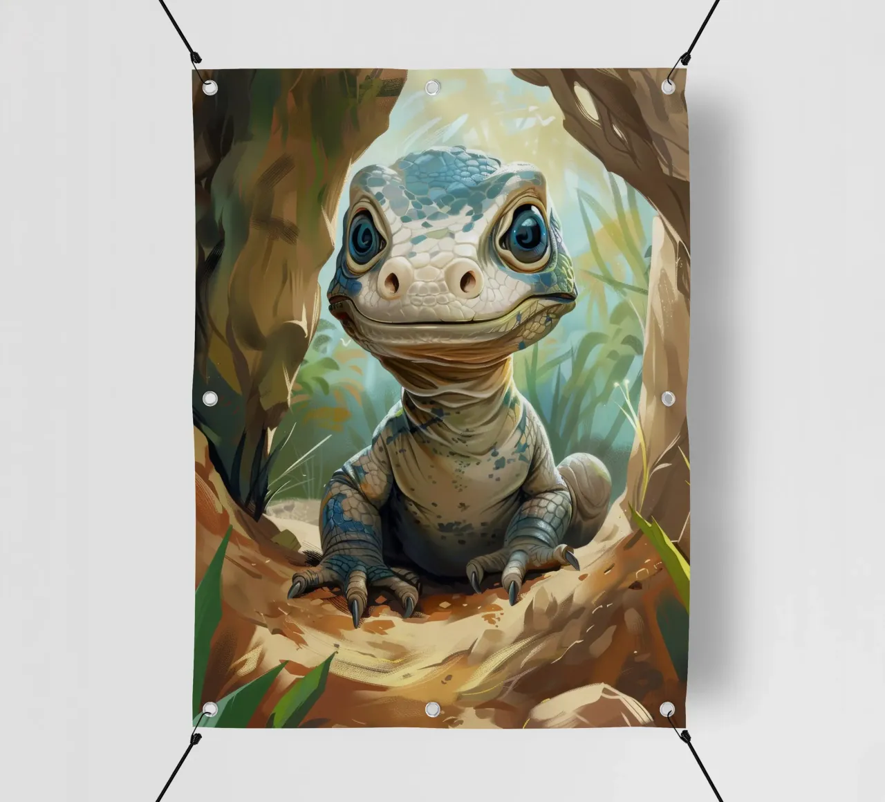 Komodo émergeant d'un abri rocheux dans un habitat verdoyant bâche pvc de DesignDoodle