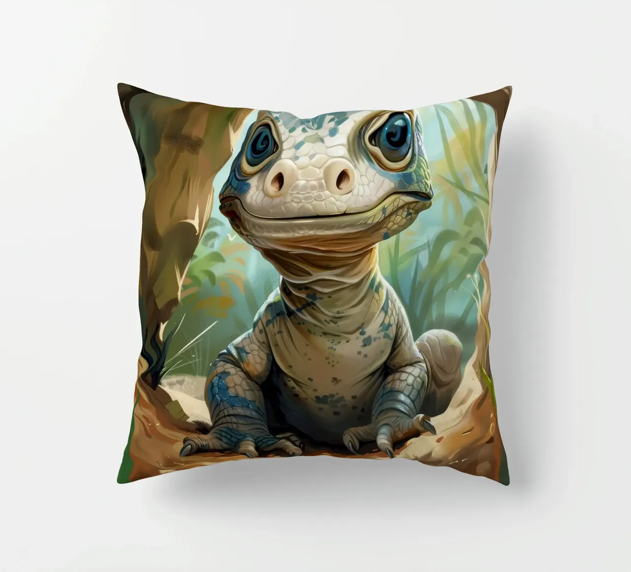 Komodo émergeant d'un abri rocheux dans un habitat verdoyant coussin de DesignDoodle