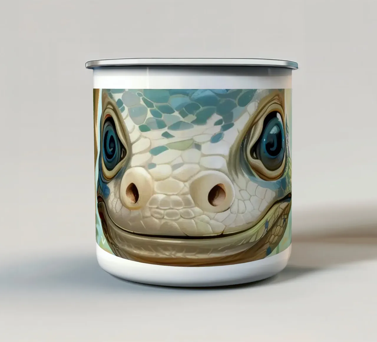 Komodo émergeant d'un abri rocheux dans un habitat verdoyant mug en émail de DesignDoodle