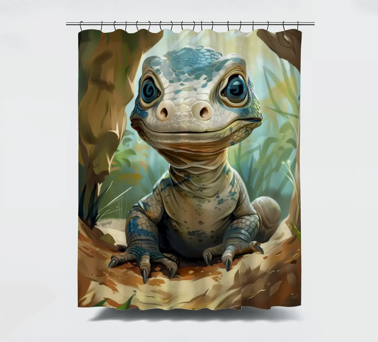 Komodo émergeant d'un abri rocheux dans un habitat verdoyant rideau de douche de DesignDoodle