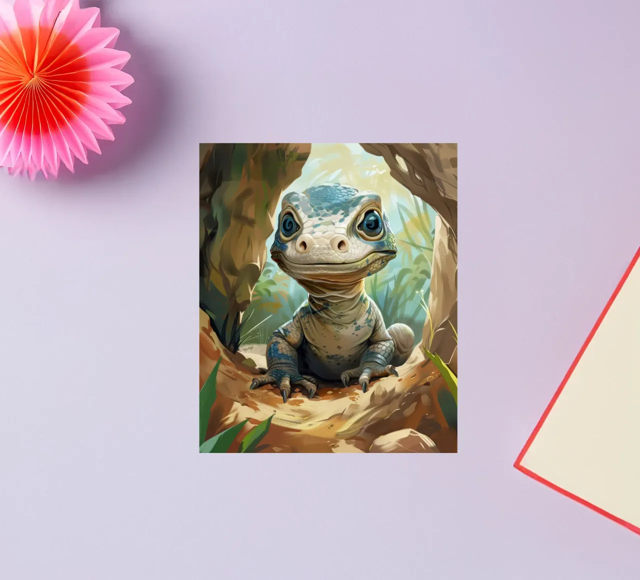 Komodo émergeant d'un abri rocheux dans un habitat verdoyant autocollant de DesignDoodle