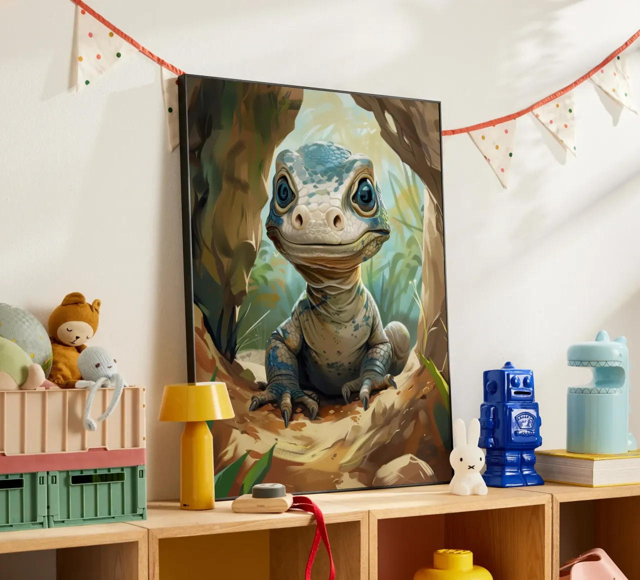 Komodo émergeant d'un abri rocheux dans un habitat verdoyant alu dibond de DesignDoodle
