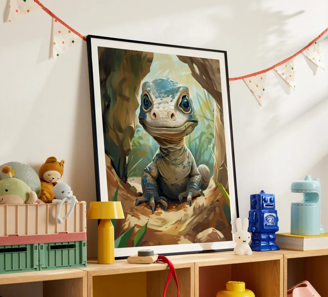 Komodo émergeant d'un abri rocheux dans un habitat verdoyant poster avec cadre en bois de DesignDoodle