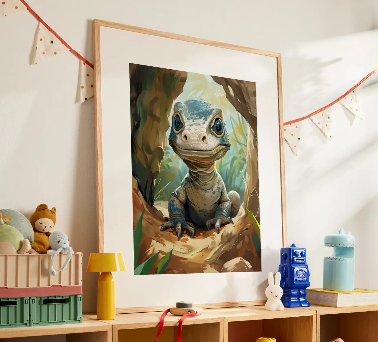 Komodo émergeant d'un abri rocheux dans un habitat verdoyant poster avec cadre en bois de DesignDoodle