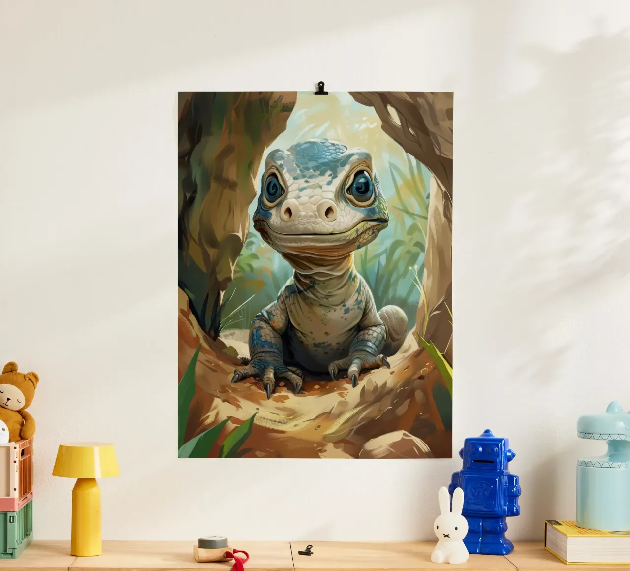 Komodo émergeant d'un abri rocheux dans un habitat verdoyant poster avec cadre en bois de DesignDoodle