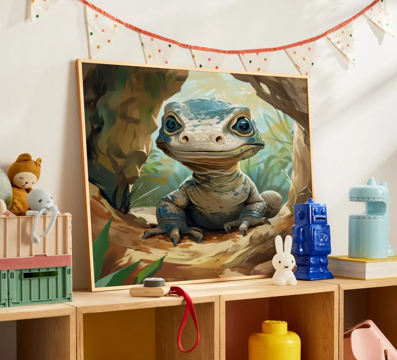 Komodo émergeant d'un abri rocheux dans un habitat verdoyant poster avec cadre en bois de DesignDoodle