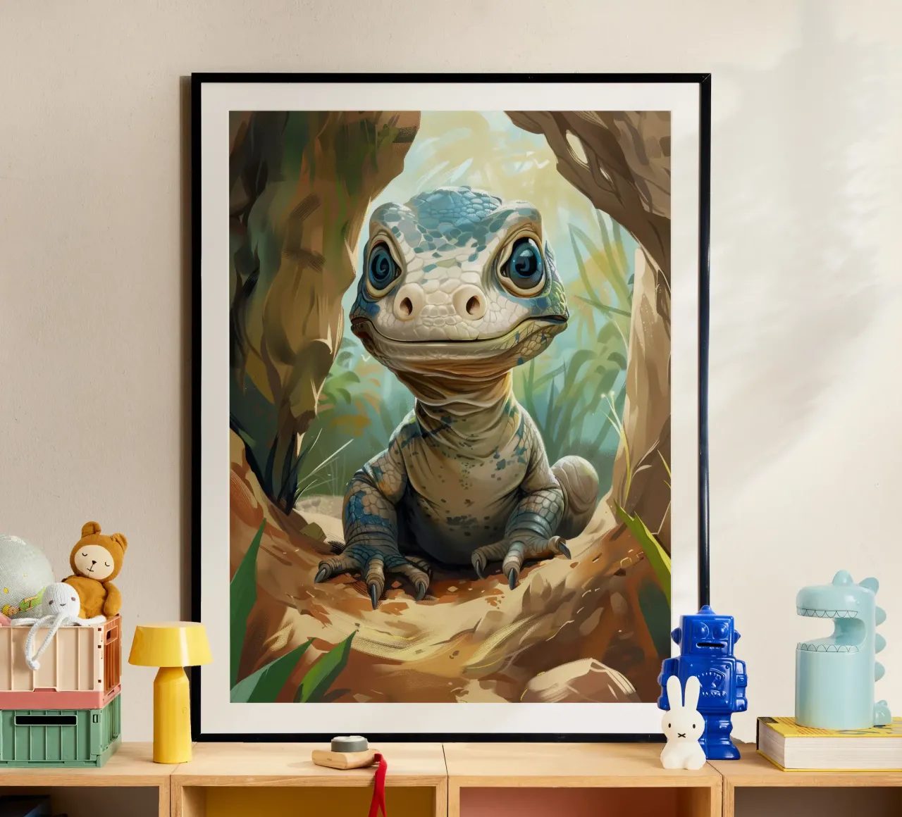 Komodo émergeant d'un abri rocheux dans un habitat verdoyant poster avec cadre en bois de DesignDoodle