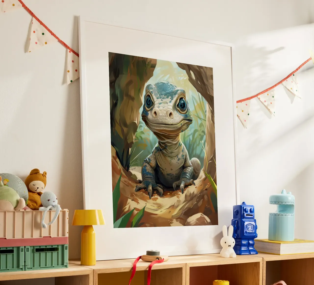 Komodo émergeant d'un abri rocheux dans un habitat verdoyant poster avec cadre en bois de DesignDoodle