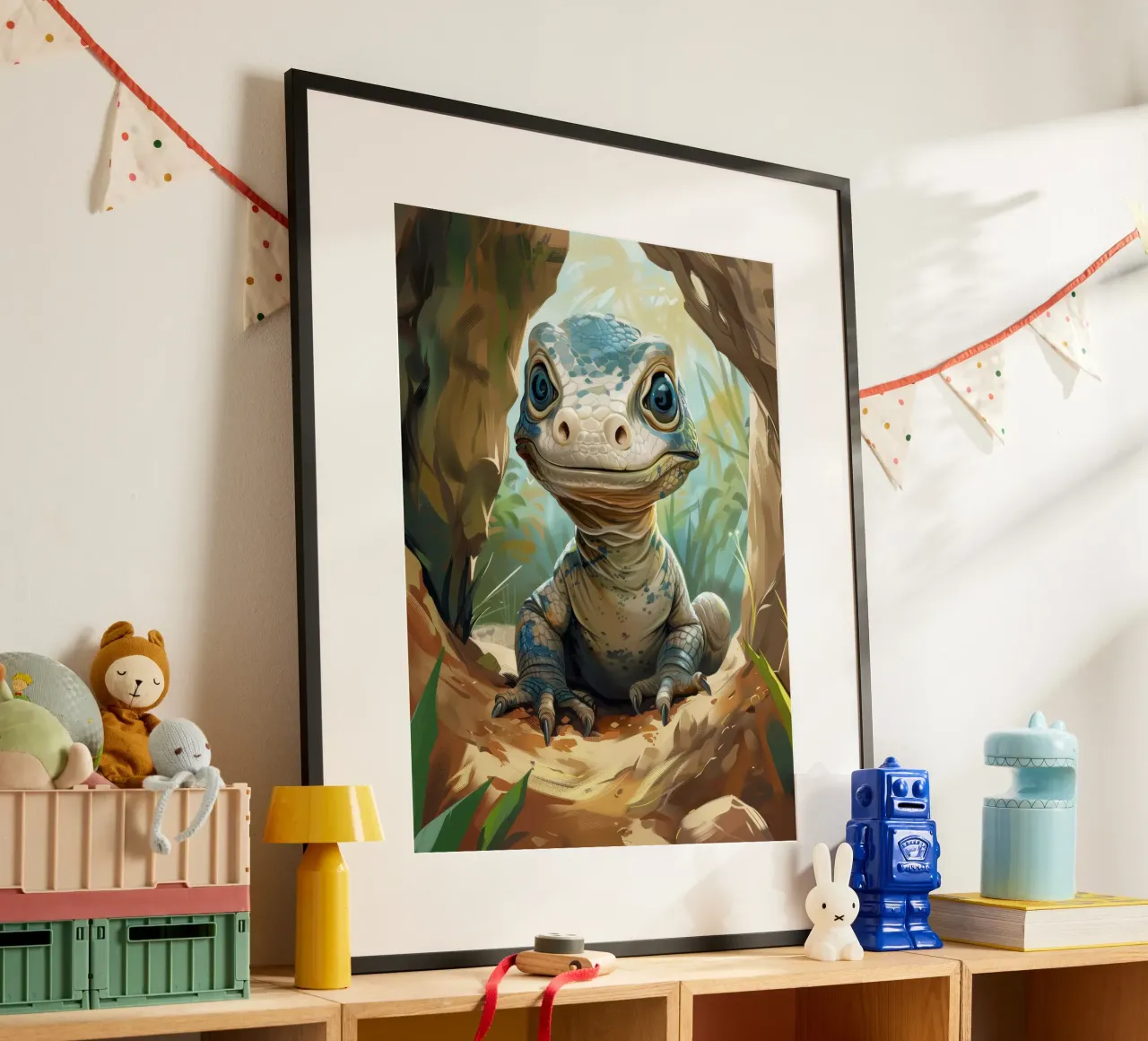Komodo émergeant d'un abri rocheux dans un habitat verdoyant poster avec cadre en bois de DesignDoodle