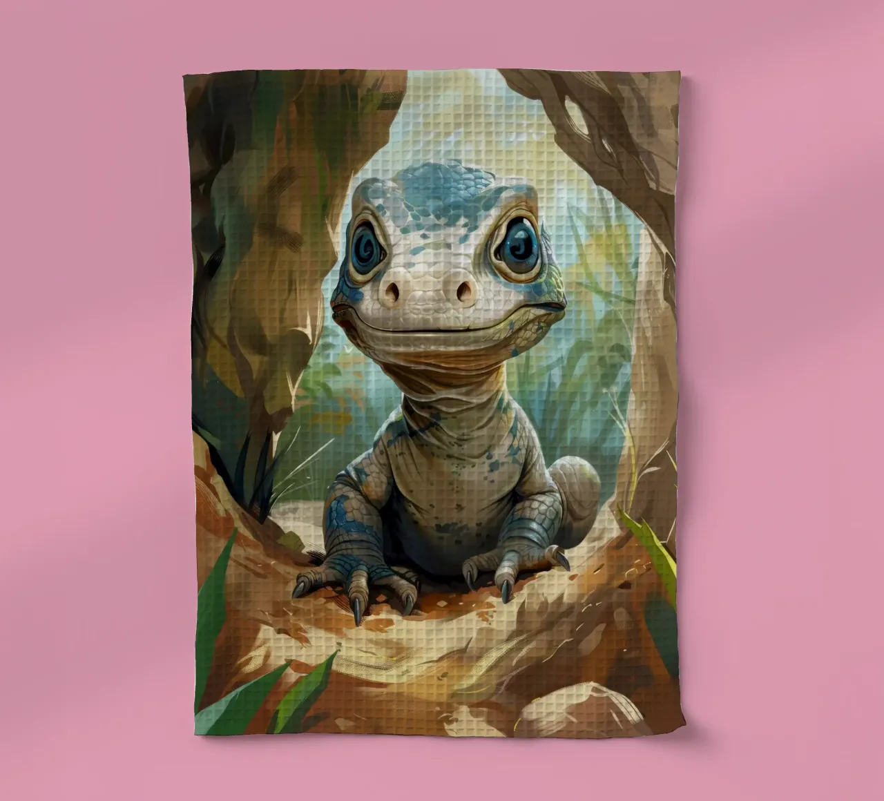 Komodo émergeant d'un abri rocheux dans un habitat verdoyant torchon de DesignDoodle