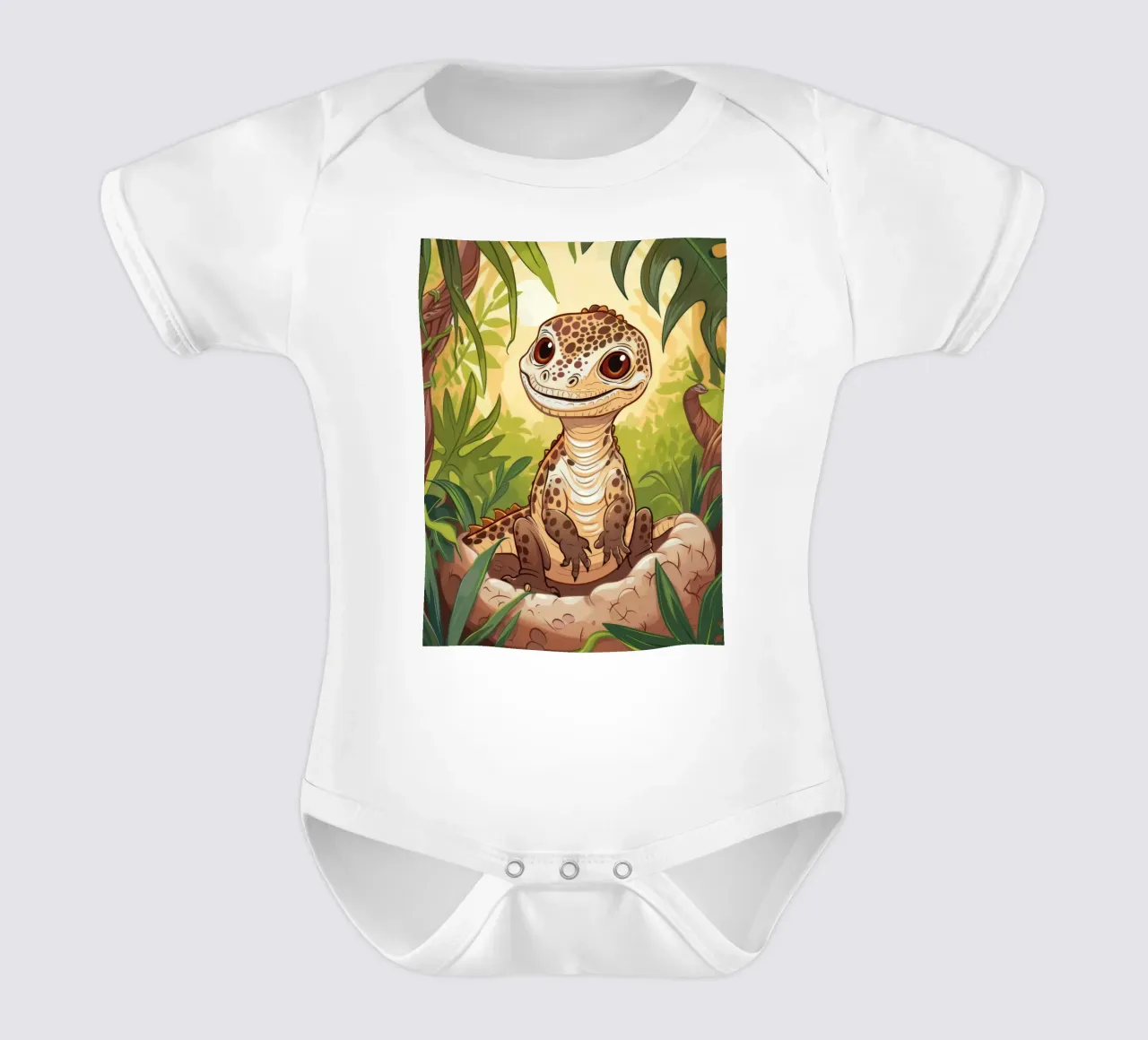 Simpático personaje de dinosaurio sentado entre el follaje de la selva body de bebé de DesignDoodle