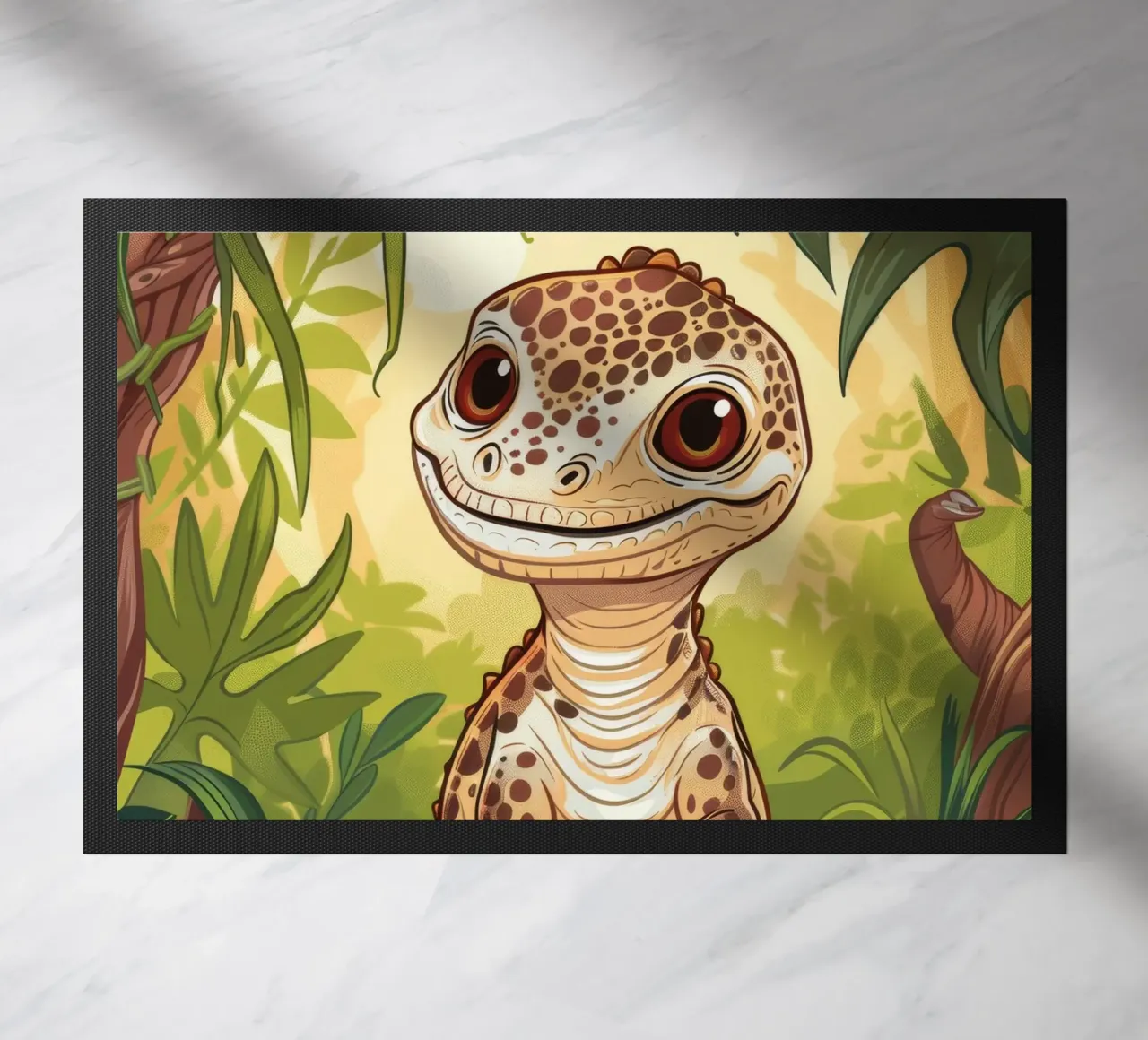 Simpático personaje de dinosaurio sentado entre el follaje de la selva felpudo de DesignDoodle