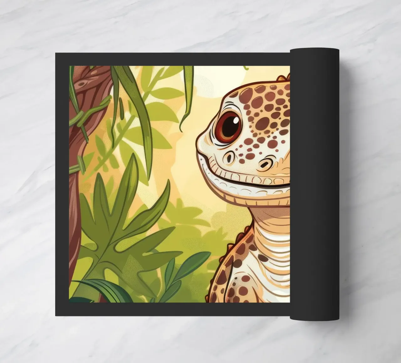 Simpático personaje de dinosaurio sentado entre el follaje de la selva felpudo de DesignDoodle