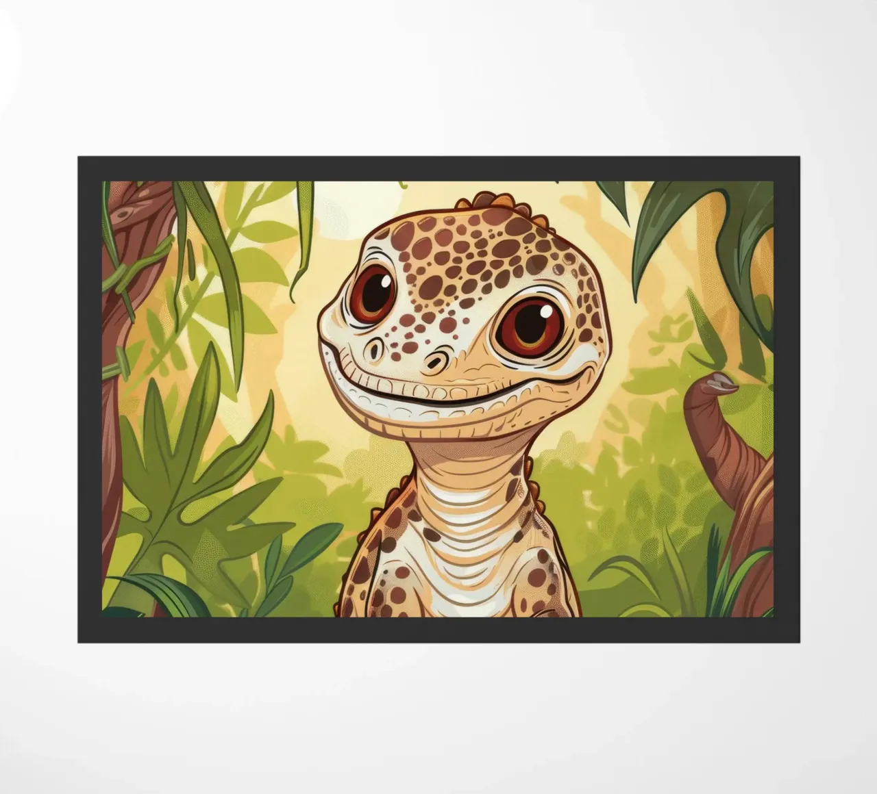 Simpático personaje de dinosaurio sentado entre el follaje de la selva felpudo de DesignDoodle