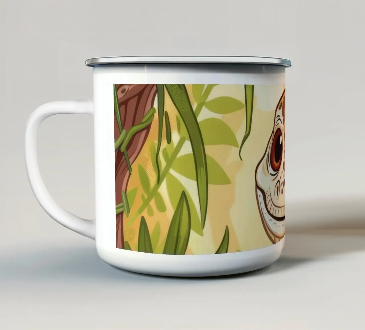 Schattig dinosaurusfiguurtje zittend tussen jungle gebladerte emaille mok van DesignDoodle