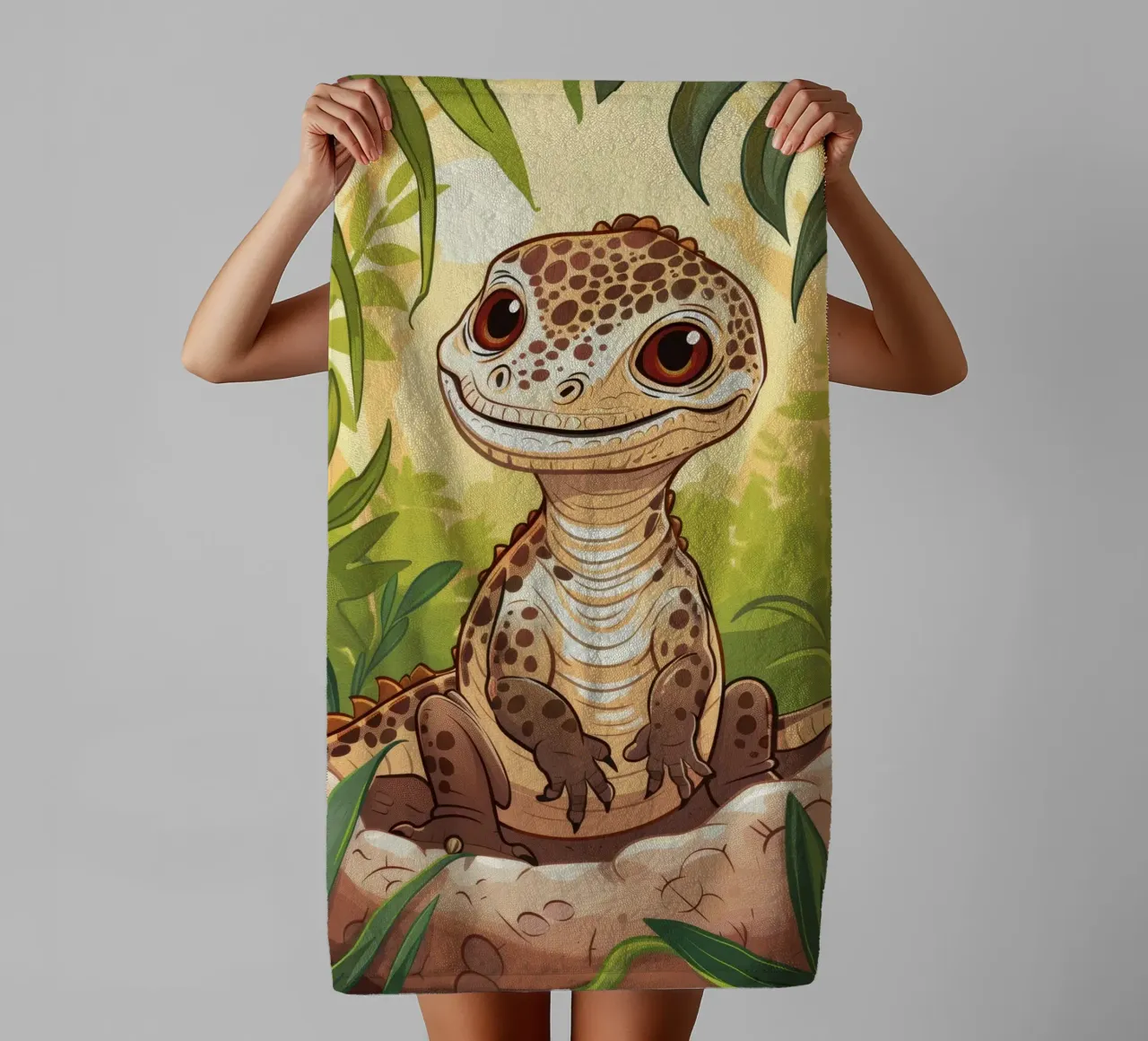 Schattig dinosaurusfiguurtje zittend tussen jungle gebladerte badhanddoek van DesignDoodle