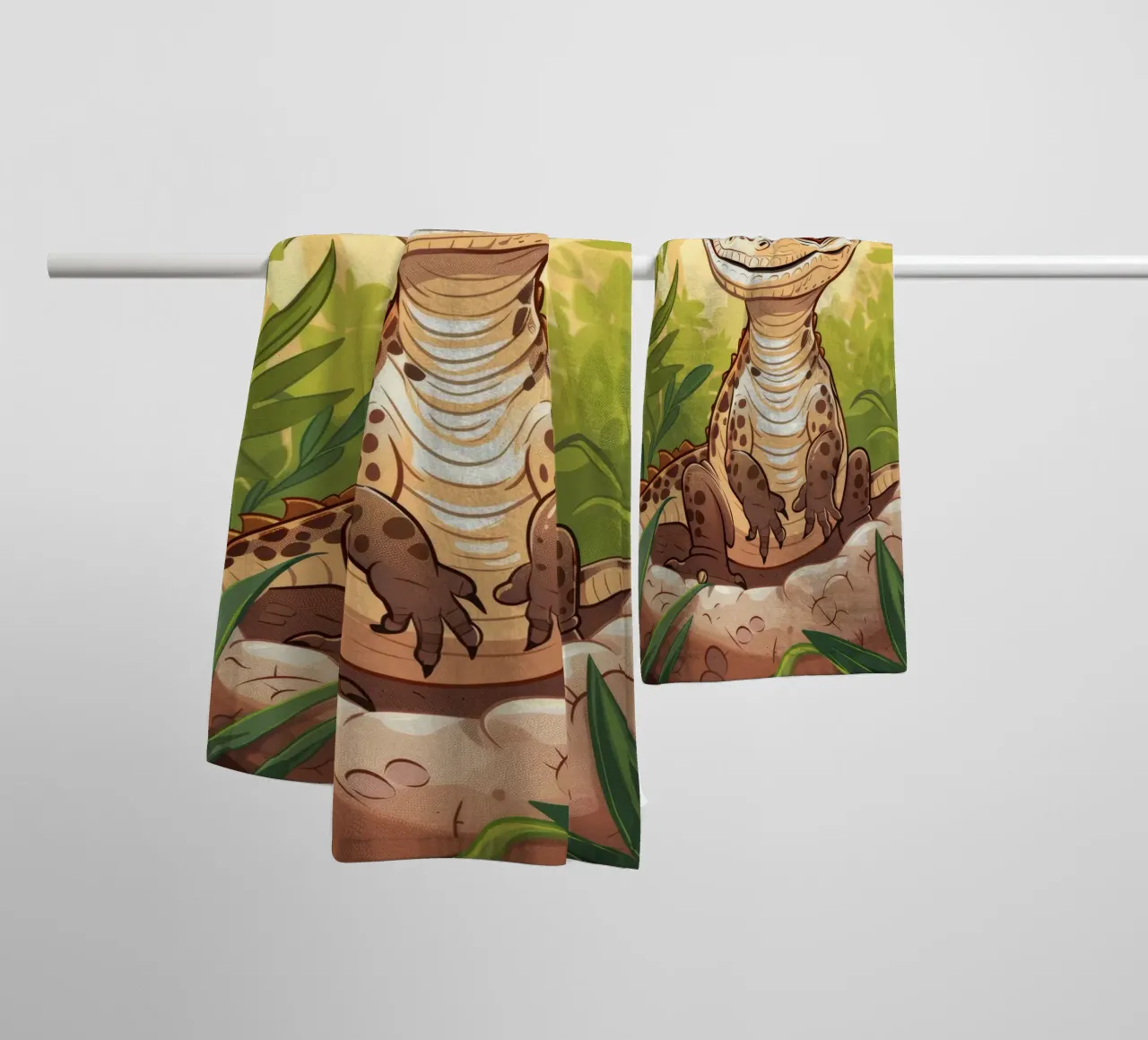 Schattig dinosaurusfiguurtje zittend tussen jungle gebladerte badhanddoek van DesignDoodle
