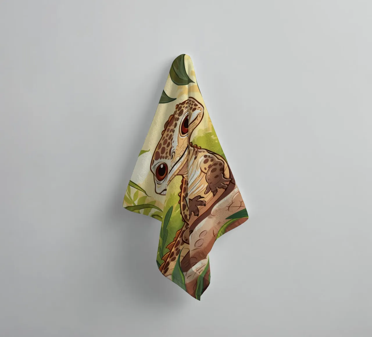 Schattig dinosaurusfiguurtje zittend tussen jungle gebladerte badhanddoek van DesignDoodle