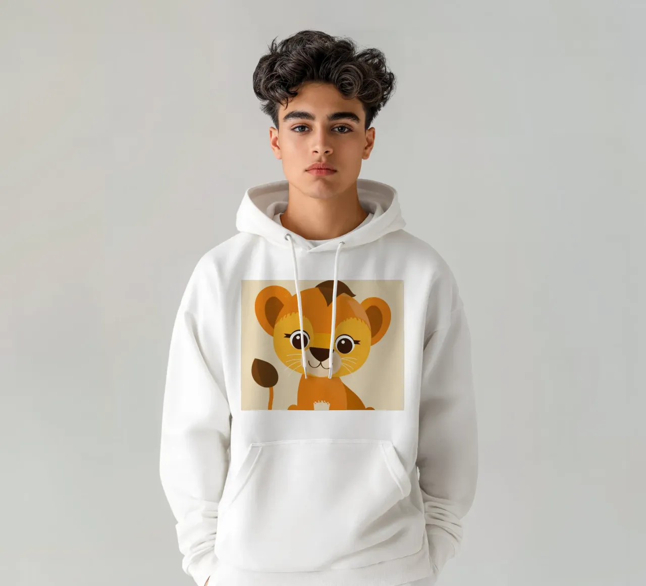 Cucciolo di leone dei cartoni animati seduto giocosamente su uno sfondo chiaro felpa con cappuccio da DesignDoodle